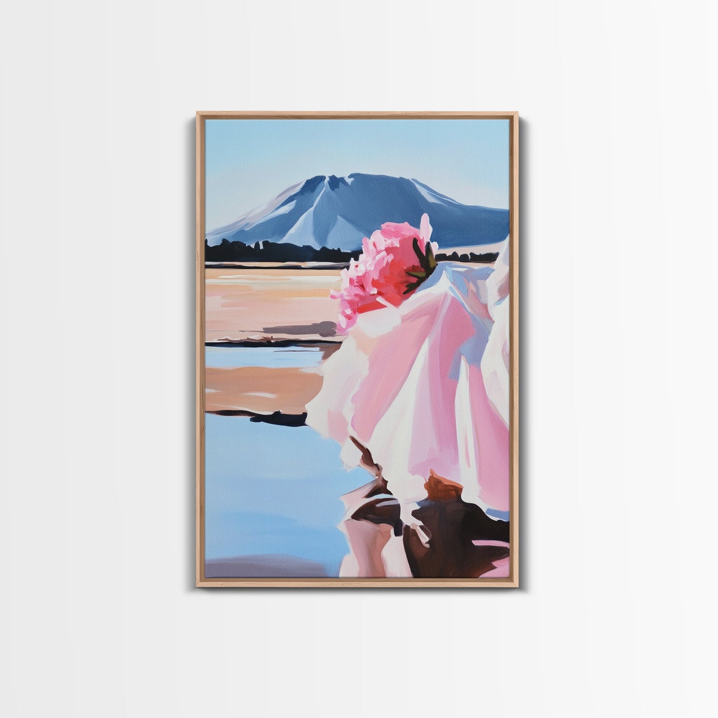 Floral, Pink Bouquet, Nature Art, Framed Canvas Print, Feminine Wall Decor, Boho Home Art, Blue Painting, Living Room Wall Art