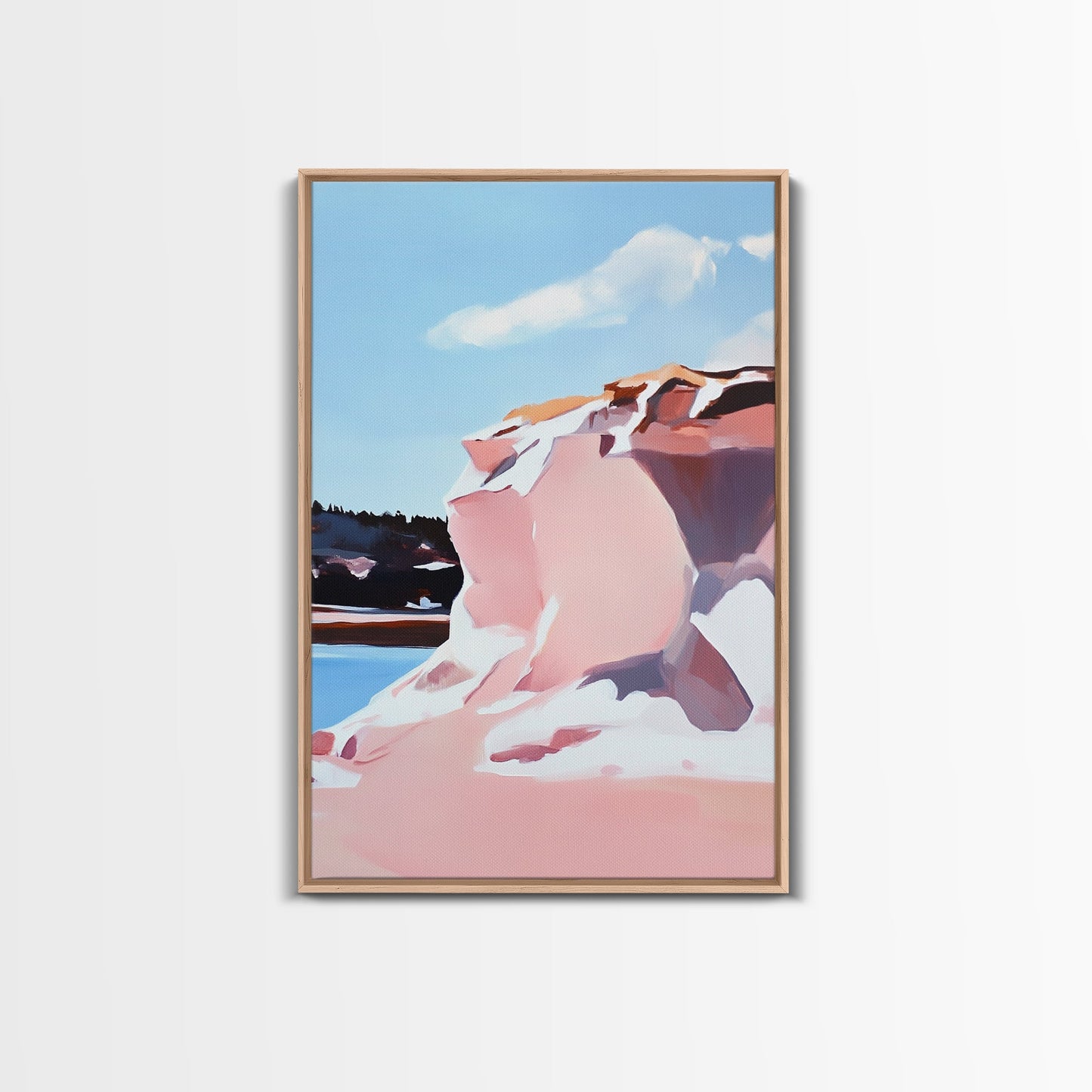 Pink Cliffs, Coastal Beauty, Ocean Landscape, Soft Pastel Art, Nature Inspired, Tranquil Scenery, Boho Wall Art, Framed Canvas Print