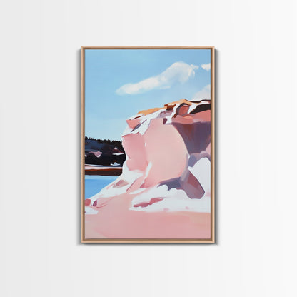 Pink Cliffs, Coastal Beauty, Ocean Landscape, Soft Pastel Art, Nature Inspired, Tranquil Scenery, Boho Wall Art, Framed Canvas Print
