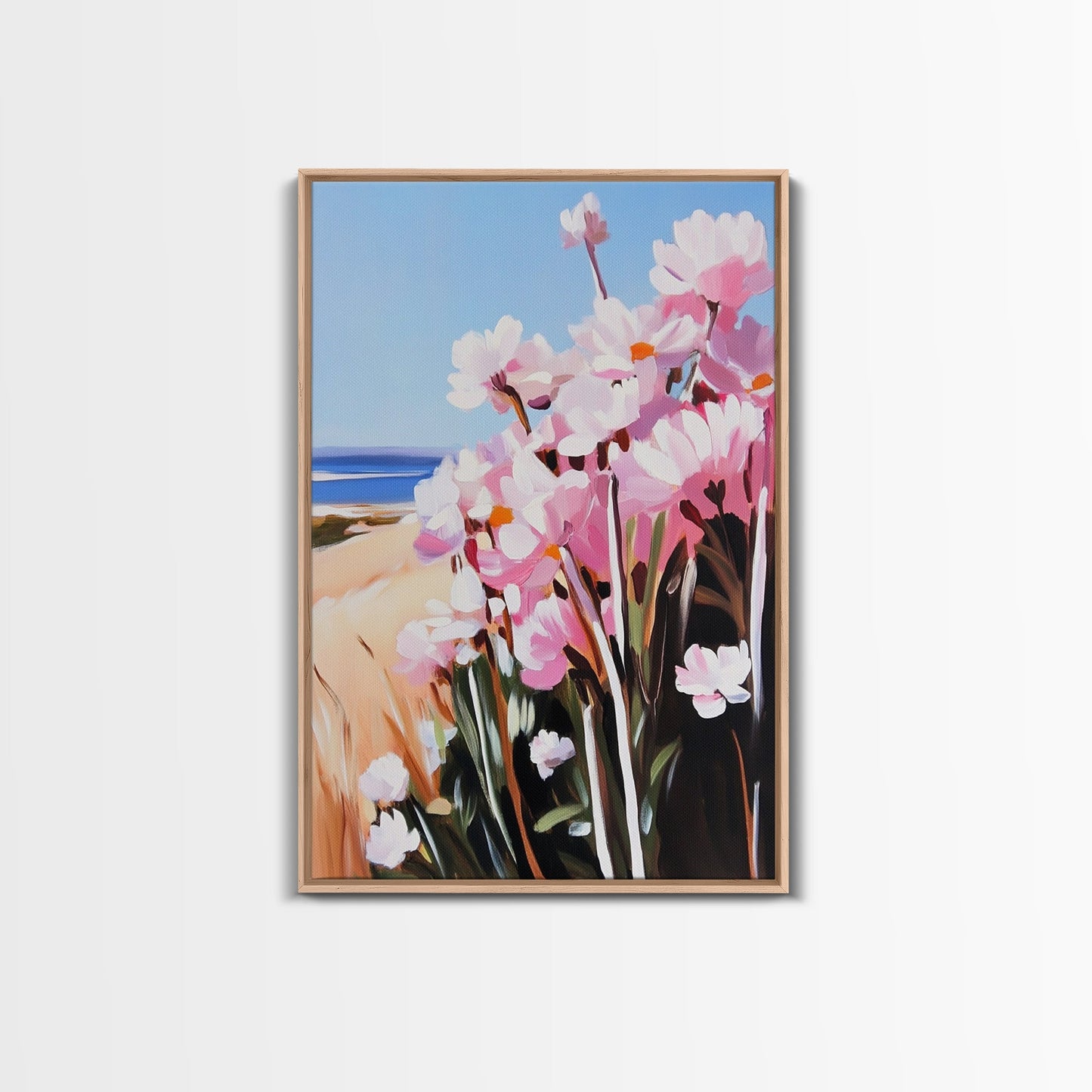 Coastal Flowers, Pink Daisy Art, Floral Beach Decor, Framed Canvas Print, Modern Boho Wall Art, Bedroom Artwork, Summer Aesthetic