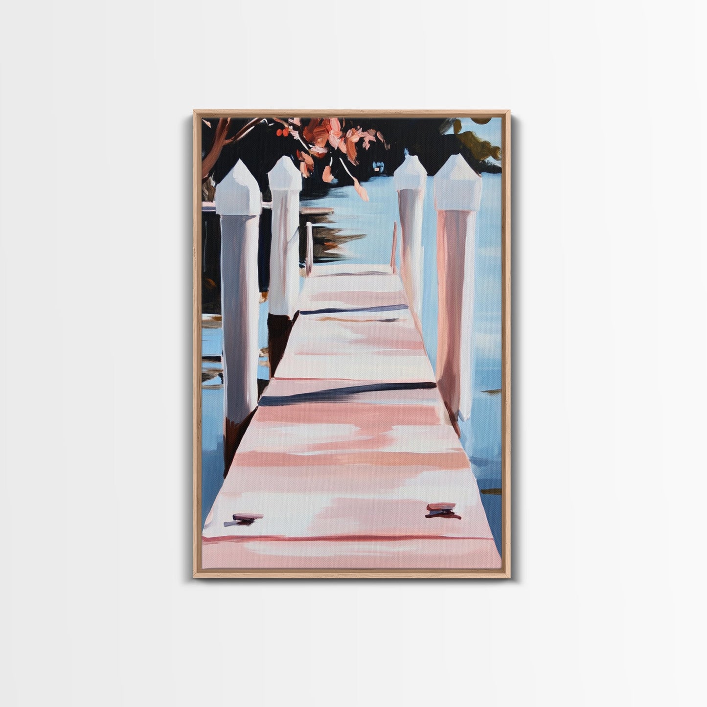 Serene Dock, Waterside Retreat, Nautical Art, Coastal Living, Summer Wall Decor, Bedroom or Office Art, Framed Canvas Print