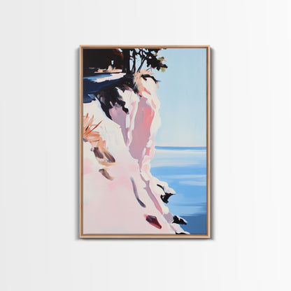 Cliffs and Water, Nature Wall Art, Minimalist Landscape, Coastal Home Decor, Blue and Pink Art, Framed Canvas Print, Office Wall Decor