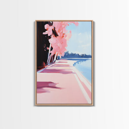 Mediterranean Steps, Coastal Wall Art, Santorini Print, Blue and Pink Decor, Travel Painting, Framed Canvas Print, Living Room Art