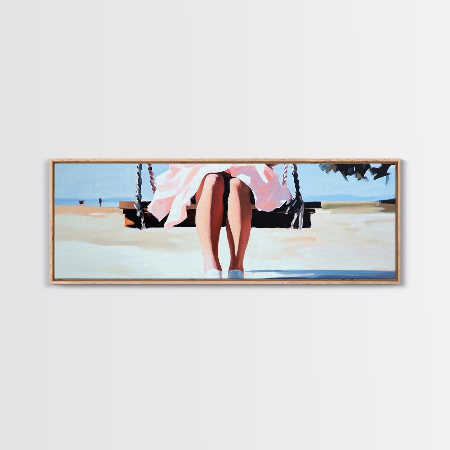 Swing By The Sea, Pastel Sky, Framed Canvas Print, Beach Wall Art, Minimalist Decor, Relaxing Aesthetic, Soft Tones, Coastal Living