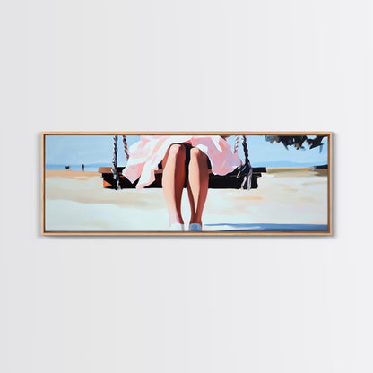 Swing By The Sea, Pastel Sky, Framed Canvas Print, Beach Wall Art, Minimalist Decor, Relaxing Aesthetic, Soft Tones, Coastal Living