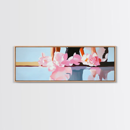 Floral Reflections, Pink Blossoms, Water Mirror, Framed Canvas Print, Feminine Wall Art, Elegant Bedroom Decor, Pastel Aesthetic