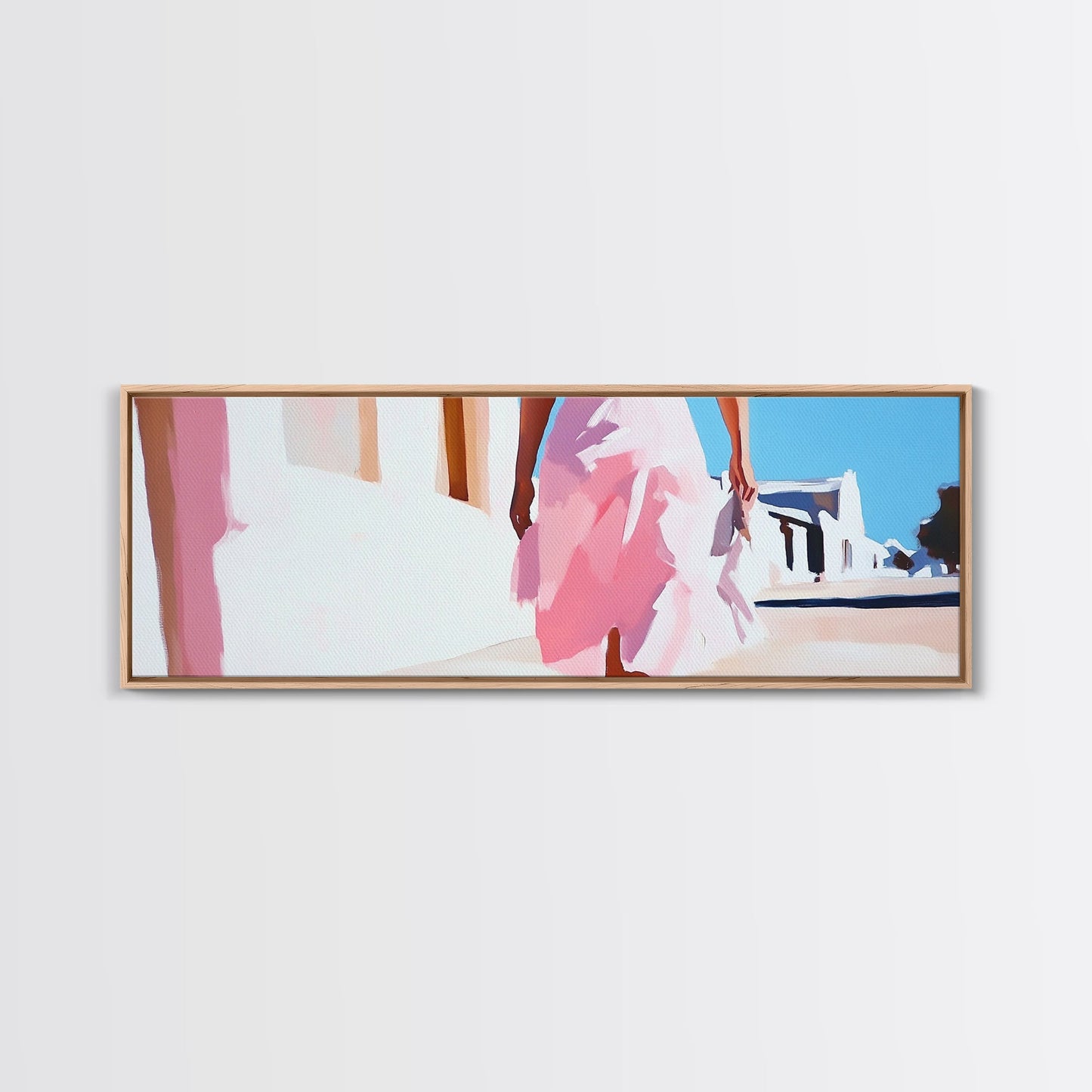 Pink Dress, Elegant Stroll, Romantic Scene, Framed Canvas Print, Modern Wall Art, Feminine Decor, Stylish Living Room Artwork