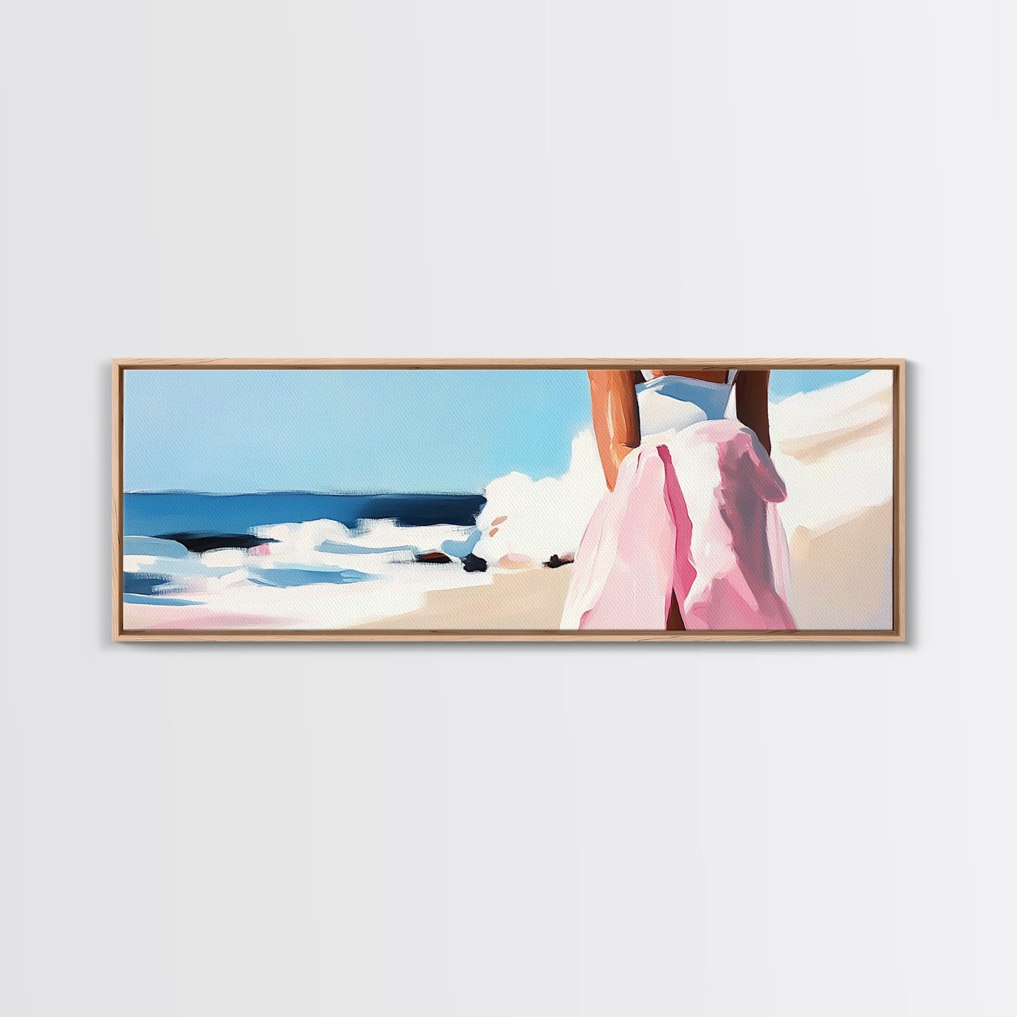 Ocean Waves, Pink Skirt, Windy Shoreline, Framed Canvas Print, Coastal Wall Art, Beach Home Decor, Minimalist Aesthetic, Ocean Scene
