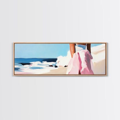 Ocean Waves, Pink Skirt, Windy Shoreline, Framed Canvas Print, Coastal Wall Art, Beach Home Decor, Minimalist Aesthetic, Ocean Scene