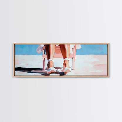 Woman Relaxing, Beach Chair Art, Coastal Summer Scene, Framed Canvas Print, Minimalist Boho Decor, Serene Seaside Home Artwork