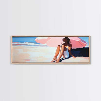 Woman Under Umbrella, Beach Relaxation, Summer Scene, Framed Canvas Print, Minimalist Boho Art, Seaside Wall Decor, Nautical Artwork