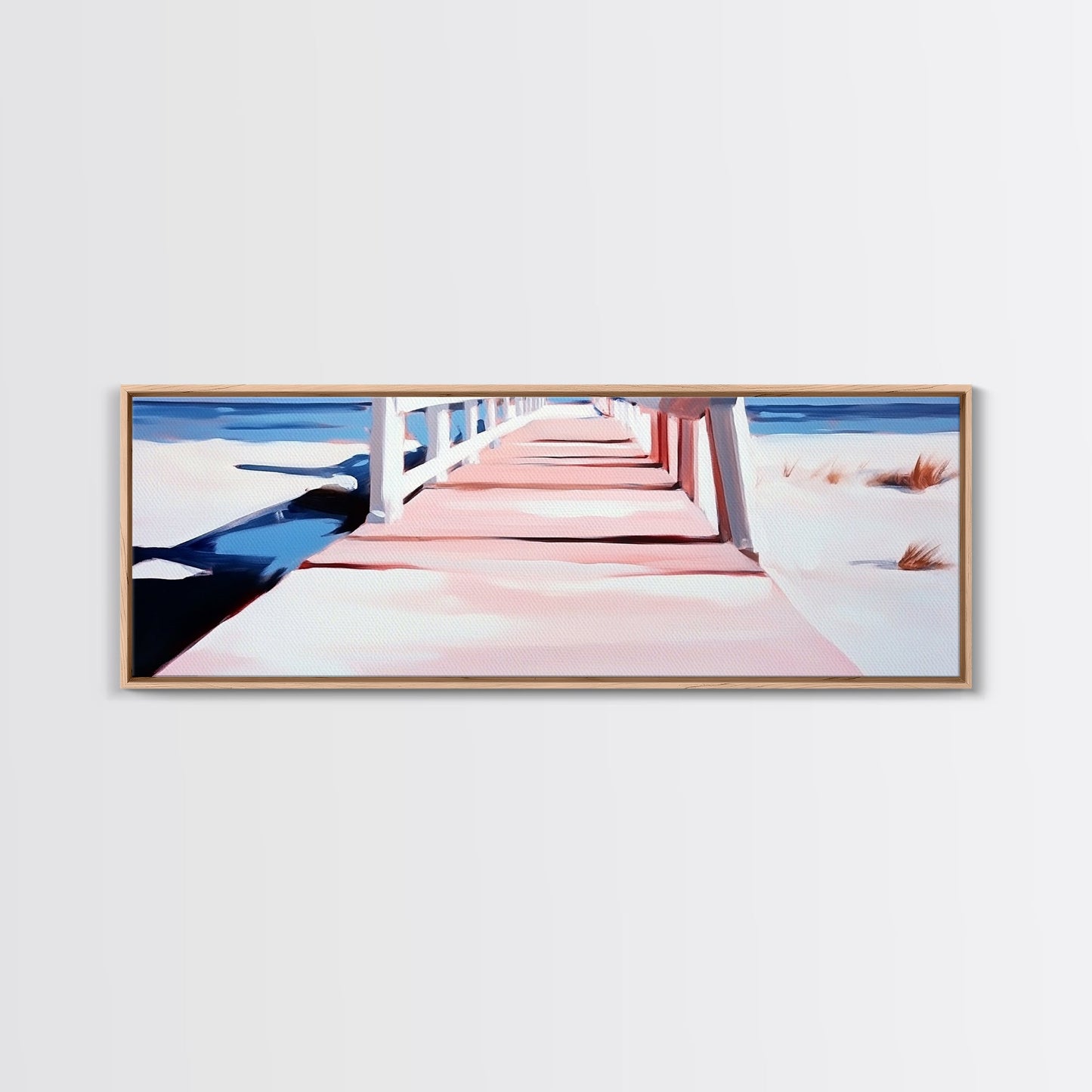 Pink Pier, Beach Walkway, Ocean View, Framed Canvas Print, Coastal Wall Art, Nautical Home Decor, Minimalist Seascape Painting