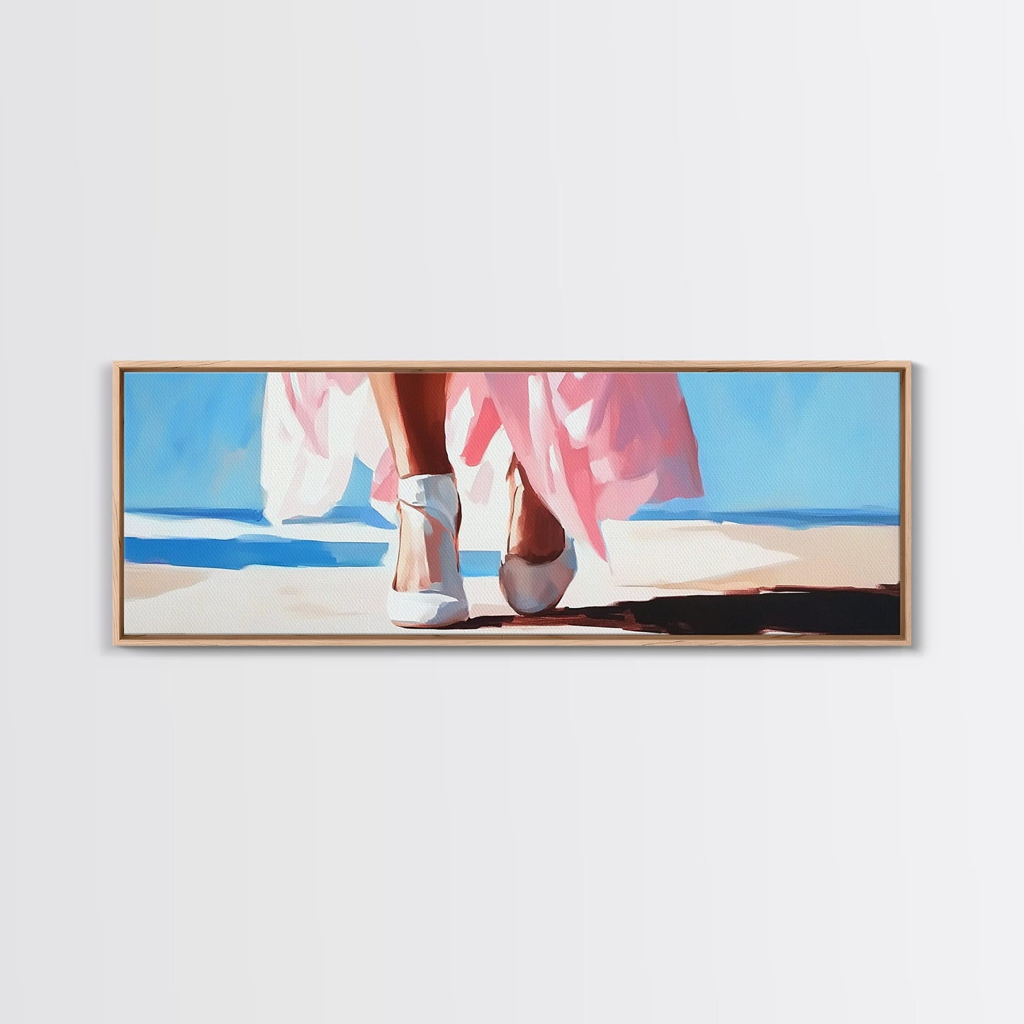 Walking on Beach, Pink Skirt, Ocean Waves, Coastal Feminine Art, Elegant Wall Decor, Canvas Print, Bedroom Wall Art, Summer Aesthetic