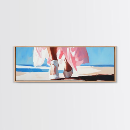 Walking on Beach, Pink Skirt, Ocean Waves, Coastal Feminine Art, Elegant Wall Decor, Canvas Print, Bedroom Wall Art, Summer Aesthetic
