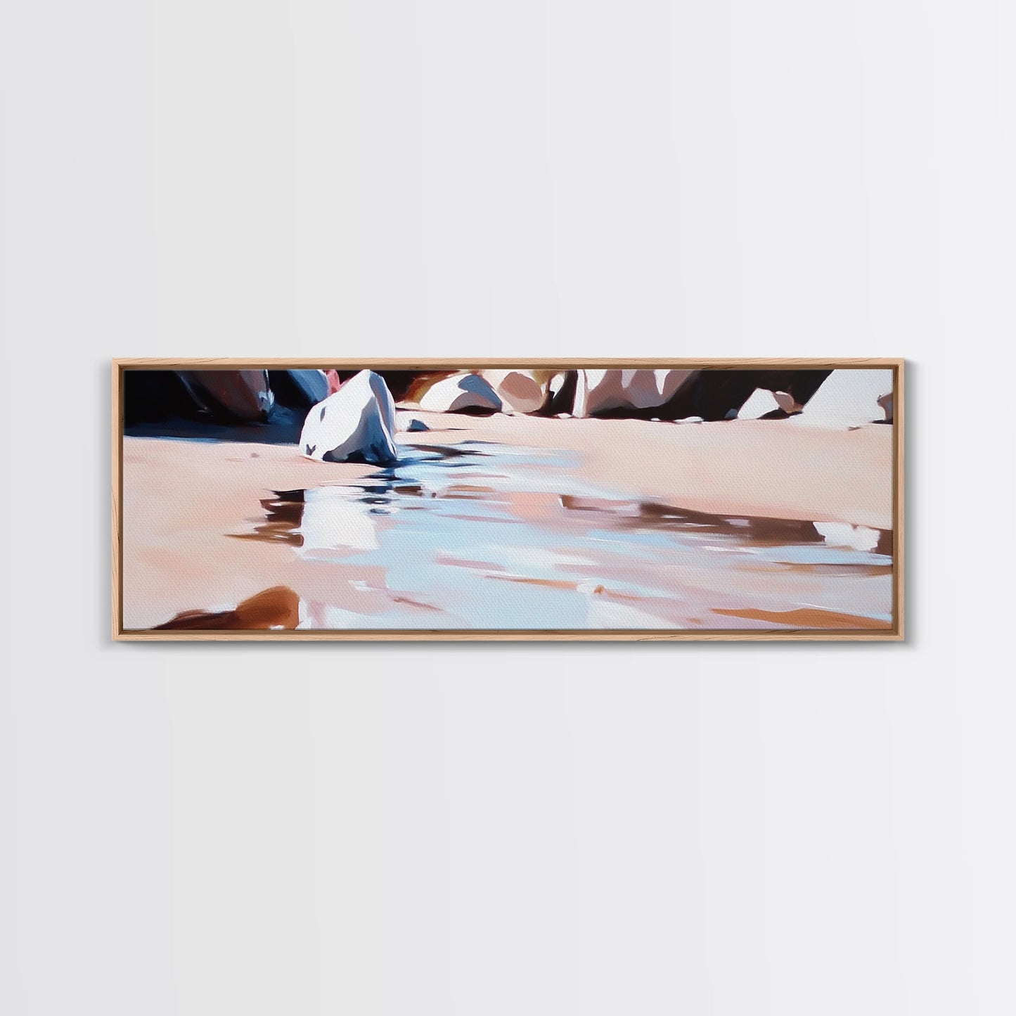 River Rocks, Water Reflection, Nature Landscape, Framed Canvas Print, Earthy Wall Art, Minimalist Zen Painting, Calming Home Decor