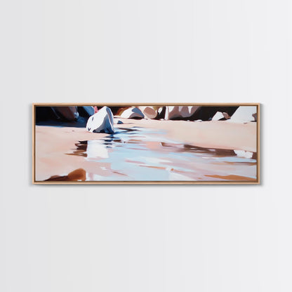 River Rocks, Water Reflection, Nature Landscape, Framed Canvas Print, Earthy Wall Art, Minimalist Zen Painting, Calming Home Decor