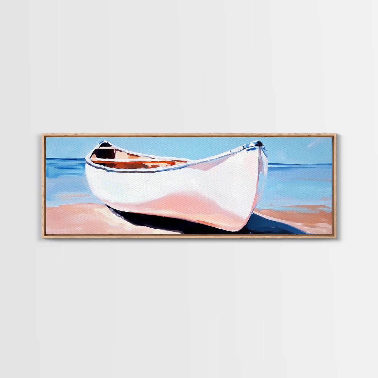 Weißes Kanu, Küstenwandbild, maritime Ästhetik, gerahmter Leinwanddruck, minimalistisches Bootsbild, maritime Kunst für Strandhäuser, Meeresdeko