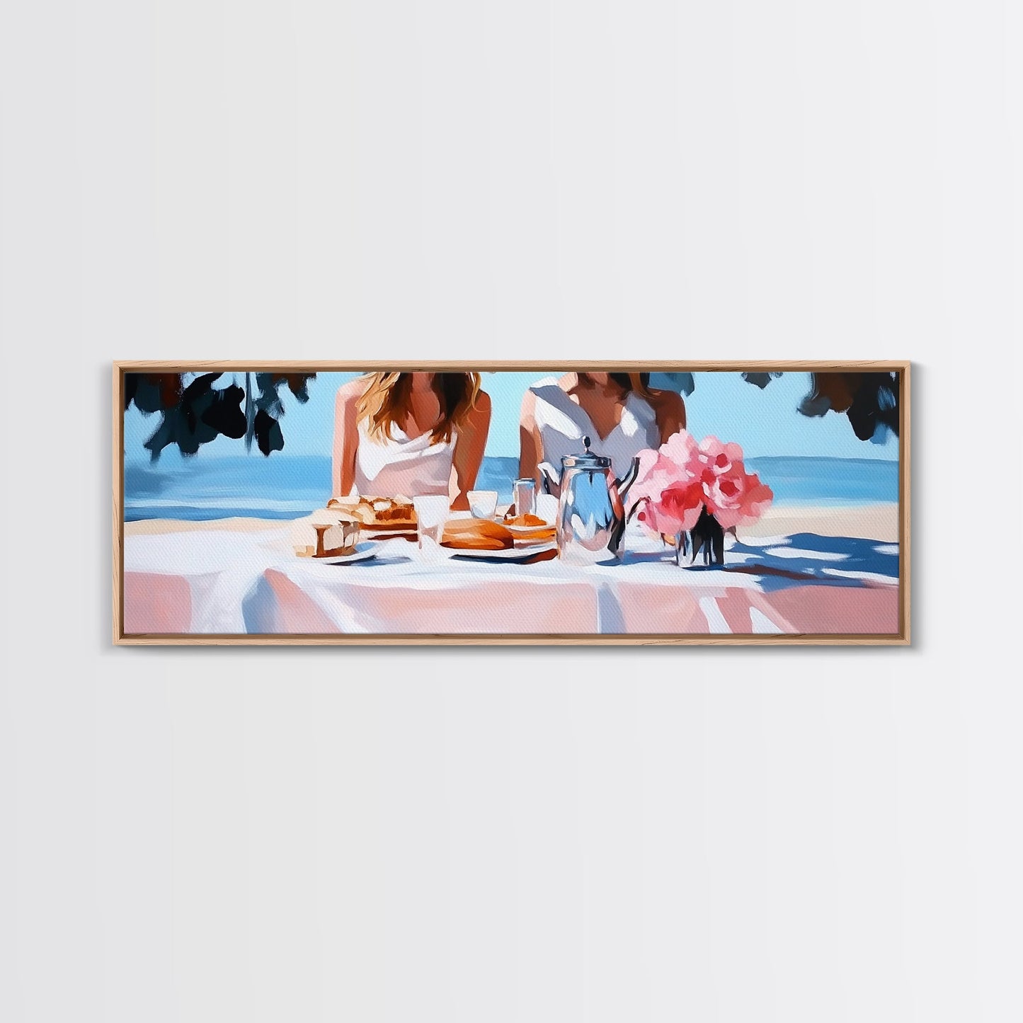 Ocean Picnic, Coastal Dining, Elegant Beach Scene, Pastel Seascape, Canvas Print, Living Room Art, Modern Nautical, Kitchen Wall Art