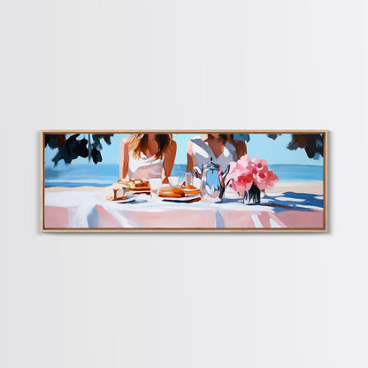 Ocean Picnic, Coastal Dining, Elegant Beach Scene, Pastel Seascape, Canvas Print, Living Room Art, Modern Nautical, Kitchen Wall Art