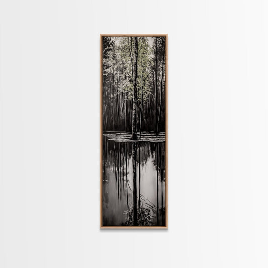 Reflective Trees, Monochrome Forest Painting, Minimalist Nature Art, Framed Canvas Print, Black and White Wall Art, Dining Room Decor