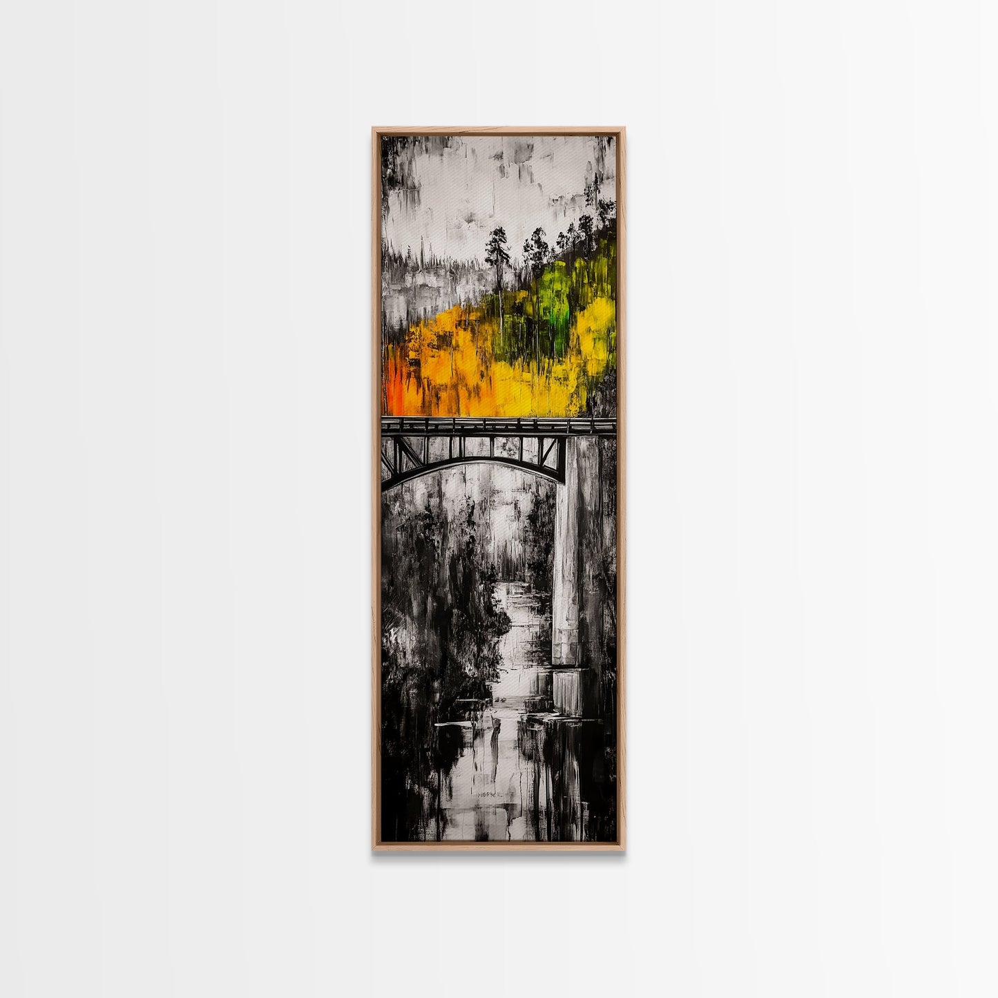 Forest Bridge, Fall Foliage, Rustic Nature Art, Woodland Pathway, Scenic Travel Decor, Living Room Wall Art, Framed Canvas Print