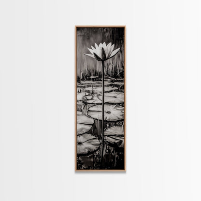 Lotus Bloom, Black and White, Water Lily, Zen Artwork, Framed Canvas Print, Botanical Wall Art, Nature Decor, Serene Living Space
