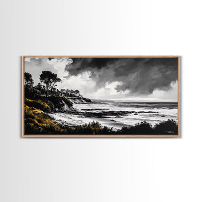 Stormy Coast, Dramatic Sky, Black and White Seascape, Framed Canvas Print, Coastal Wall Art, Large Landscape, Entryway Decor, Moody Art