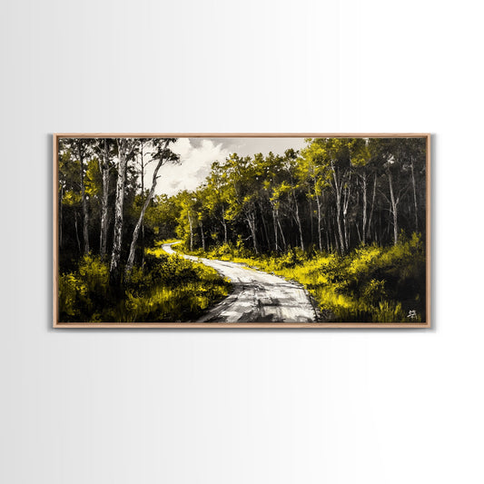 Forest Road, Scenic Nature Path, Rustic Landscape Painting, Greenery Wall Art, Country Home Decor, Framed Canvas Print, Office Artwork