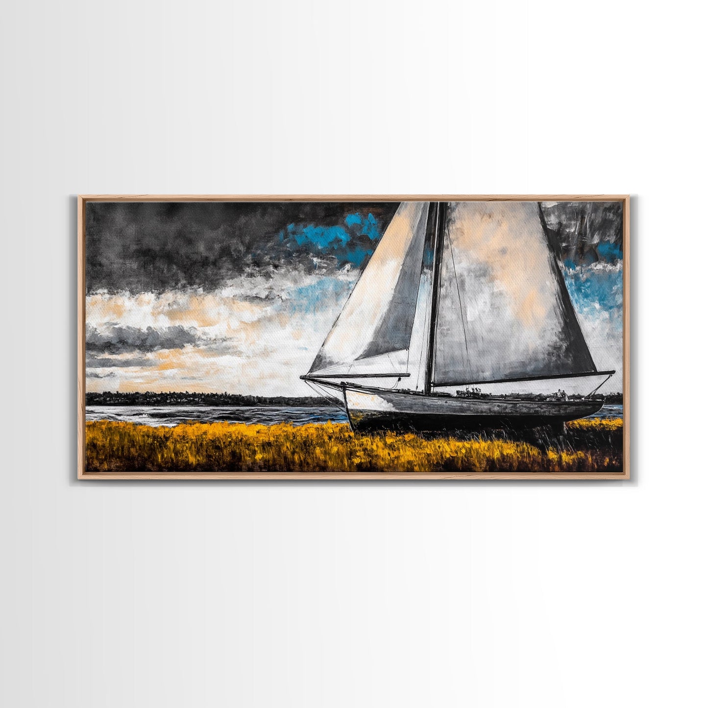 Sailboat Painting, Coastal Nautical, Black and White Boat, Framed Canvas Print, Maritime Decor, Living Room Wall Art, Classic Style