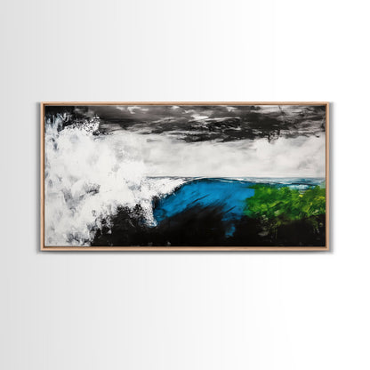 Powerful Wave, Ocean Energy, Coastal Vibes, Modern Abstract, Blue and Green Art, Large Statement, Beach House, Framed Canvas Print