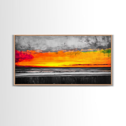 Coastal Sunset, Ocean Horizon, Bold Colors, Black and White Contrast, Modern Abstract, Warm Tones, Large Wall Art, Framed Canvas Print ?