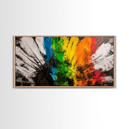 Rainbow Feathers, Colorful Abstract Art, Boho Wall Decor, Native American Inspired, Framed Canvas Print, Large Wall Art