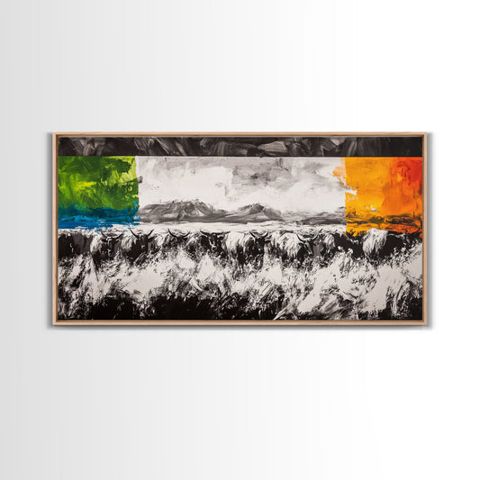 Abstract Cattle, Western Art, Colorful Farm Scene, Framed Canvas Print, Modern Ranch Wall Decor, Farmhouse Style, Rustic Artwork