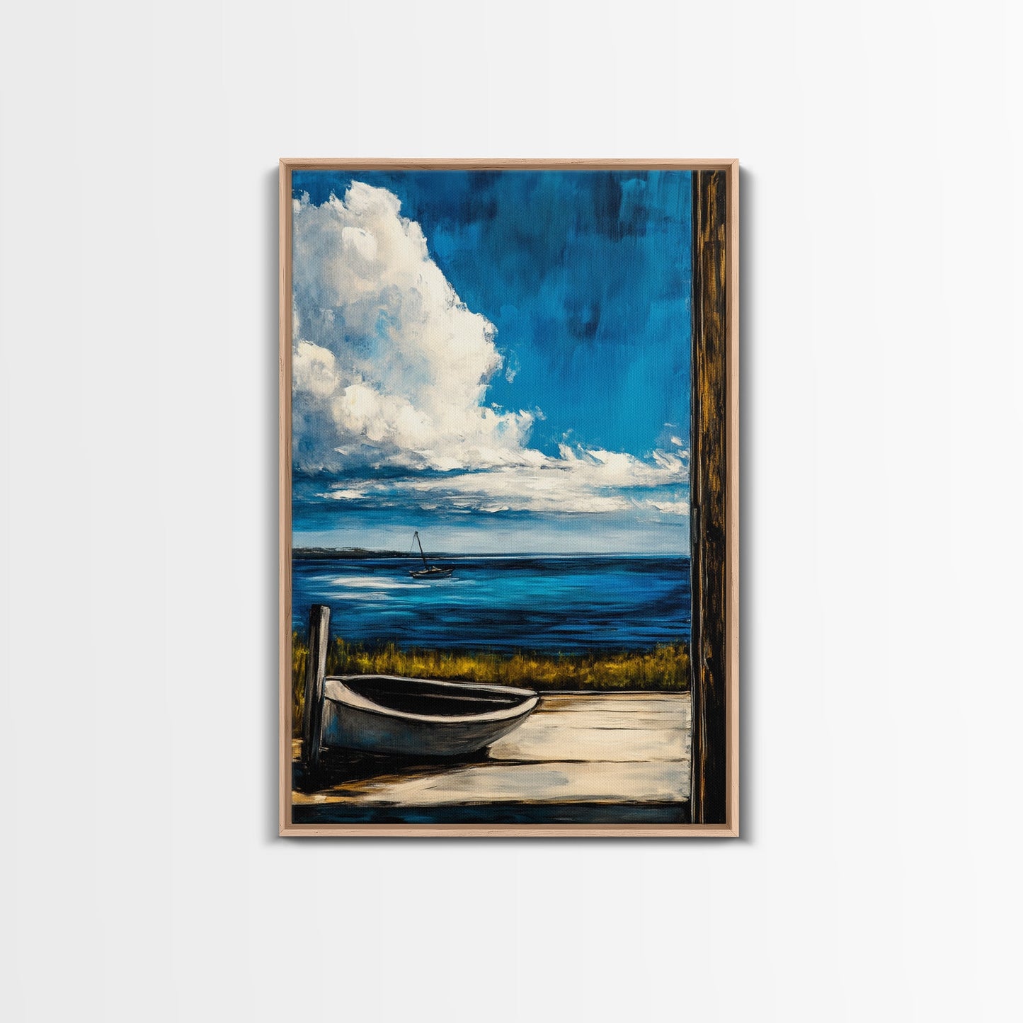 Seaside Serenity, Wooden Dock, Tranquil View, Framed Canvas Print, Ocean Wall Art, Coastal Living, Beach House Decor, Nautical Aesthetic