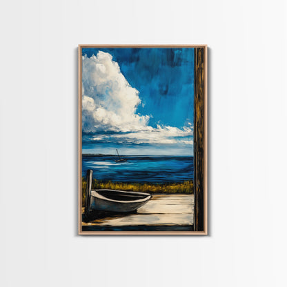 Seaside Serenity, Wooden Dock, Tranquil View, Framed Canvas Print, Ocean Wall Art, Coastal Living, Beach House Decor, Nautical Aesthetic