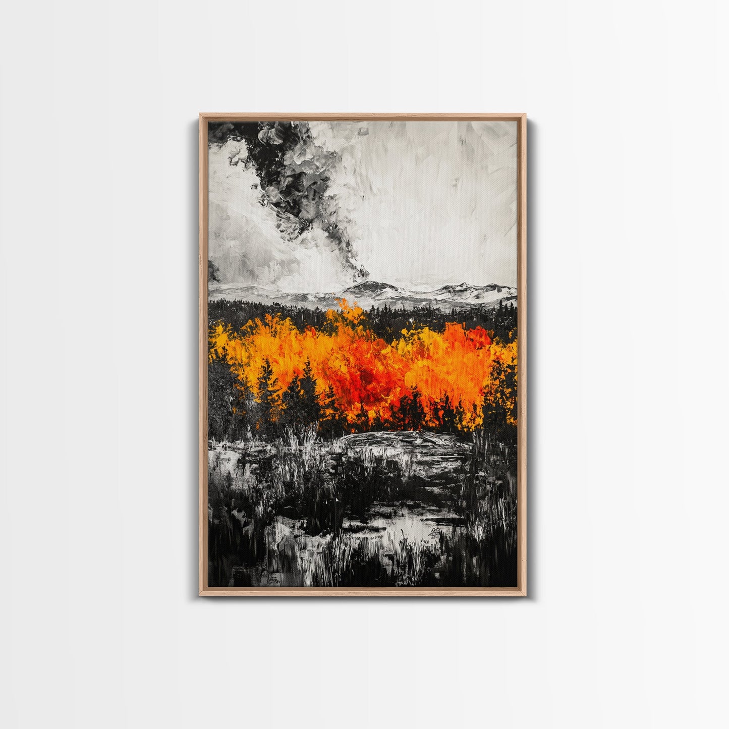 Burning Trees, Fiery Autumn Landscape, Dramatic Fall Wall Art, Modern Seasonal Home Decor, Bold Color Painting, Framed Canvas Print