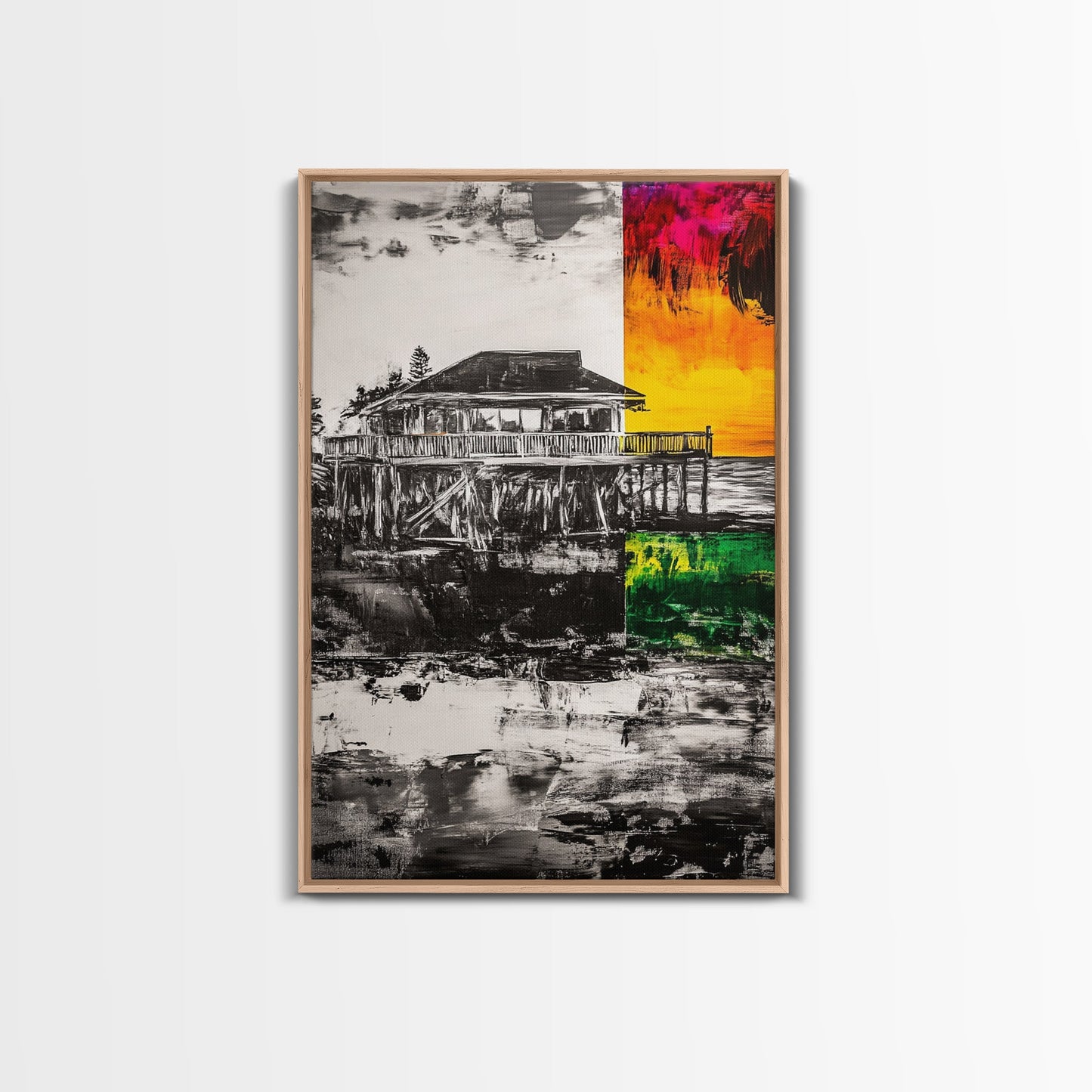 Pier House, Sunset Painting, Coastal Decor, Beach House Art, Framed Canvas Print, Living Room Wall Art, Nautical Theme, Abstract Home Decor