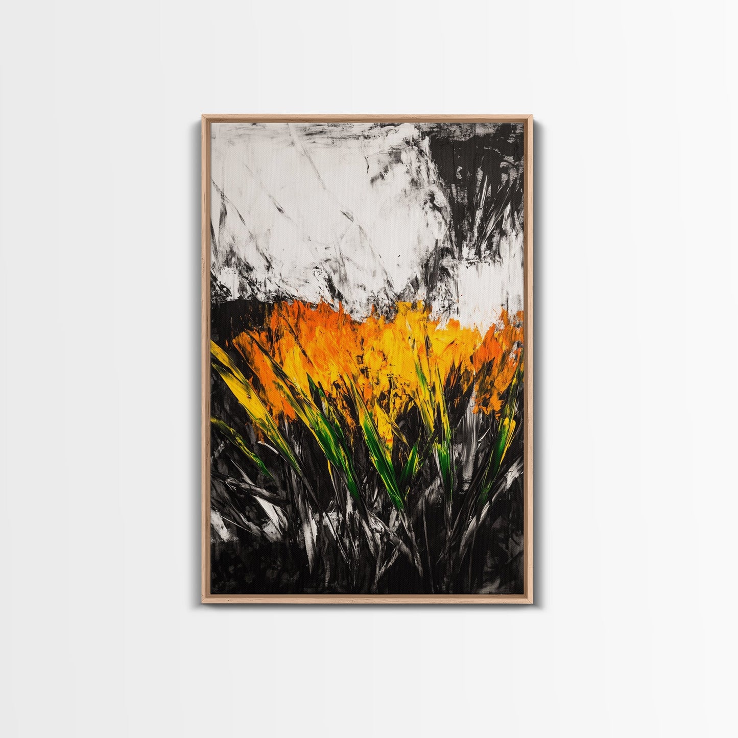 Fiery Wildflowers, Black White Abstract, Nature Art, Floral Painting, Contemporary Living Room Decor, Statement Piece, Canvas Print