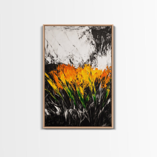 Fiery Wildflowers, Black White Abstract, Nature Art, Floral Painting, Contemporary Living Room Decor, Statement Piece, Canvas Print