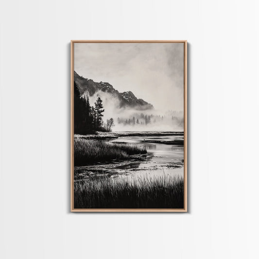 Foggy Forest, Monochrome Wall Art, Nature Landscape, Tranquil Painting, Living Room Decor, Rustic Style, Framed Canvas Print