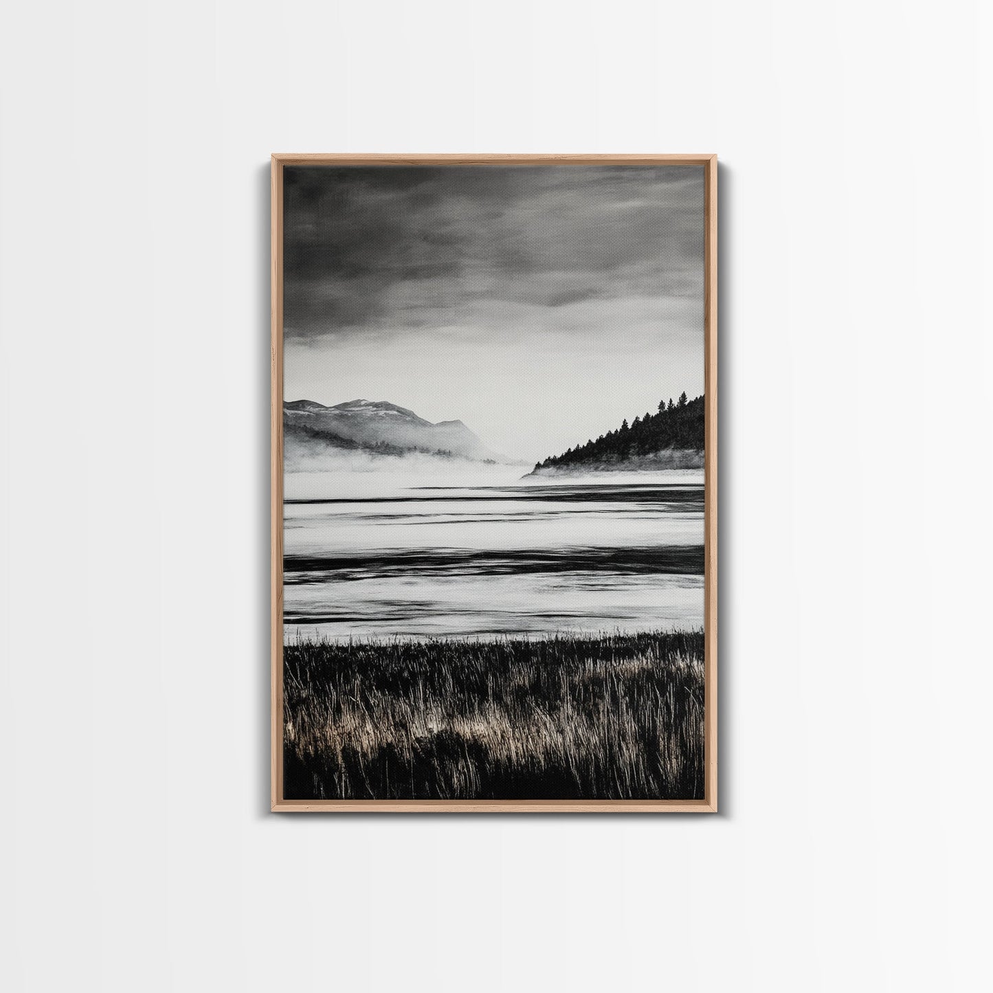 Serene Lake, Black and White Artwork, Misty Mountains, Nature Decor, Minimalist Landscape, Home Office Art, Canvas Print