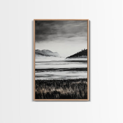 Serene Lake, Black and White Artwork, Misty Mountains, Nature Decor, Minimalist Landscape, Home Office Art, Canvas Print