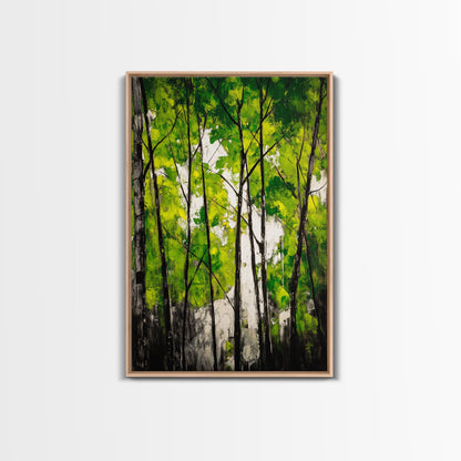 Birch Trees, Green Forest Art, Nature Landscape, Abstract Painting, Contemporary Wall Decor, Earthy Home Art, Framed Canvas Print