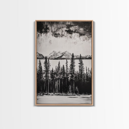 Mountain Serenity, Black and White Landscape, Nature Art, Tranquil Home Decor, Minimalist Painting, Office Artwork, Framed Canvas Print