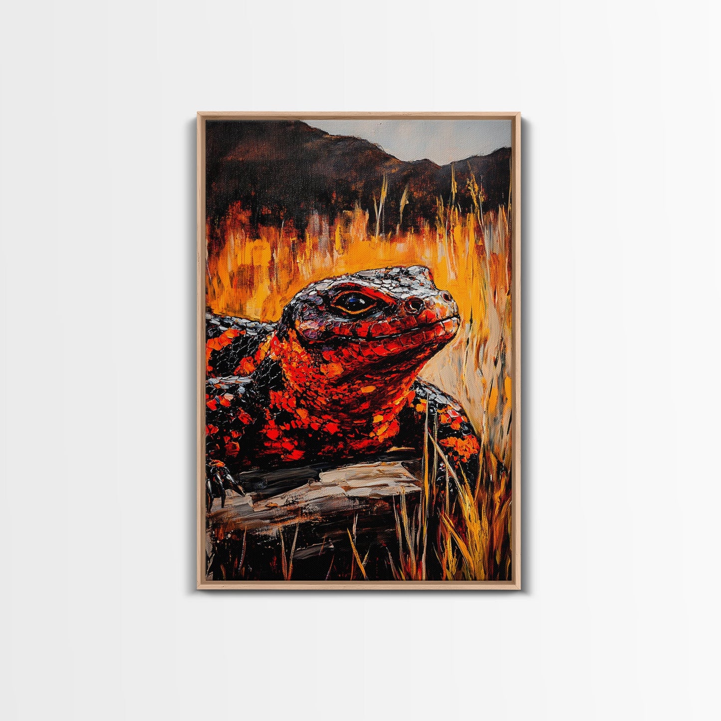 Fiery Lizard, Wildlife Art, Reptile Painting, Nature Wall Art, Rustic Decor, Warm Tones, Fall Wall Art, Living Room Art, Framed Canvas Print