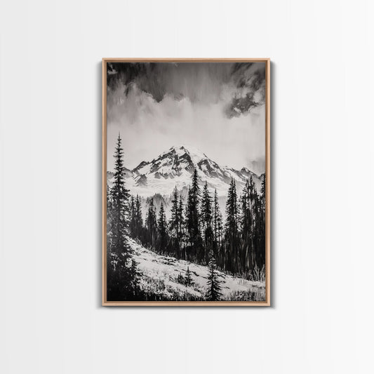 Snowy Peak, Mountain Landscape, Monochrome Art, Winter Wall Art, Nature Inspired, Rustic Wall Decor, Large Wall Art, Framed Canvas Print