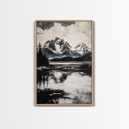 Serene Lake, Black and White Art, Nature Wall Decor, Minimalist Art, Wilderness Painting, Tranquil Wall Art, Modern Home Decor, Canvas Print