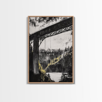 Steel Bridge, Industrial Wall Art, Black and White Landscape, Cityscape Art, Rustic Metal, Loft Style, Office Wall Art, Framed Canvas Print