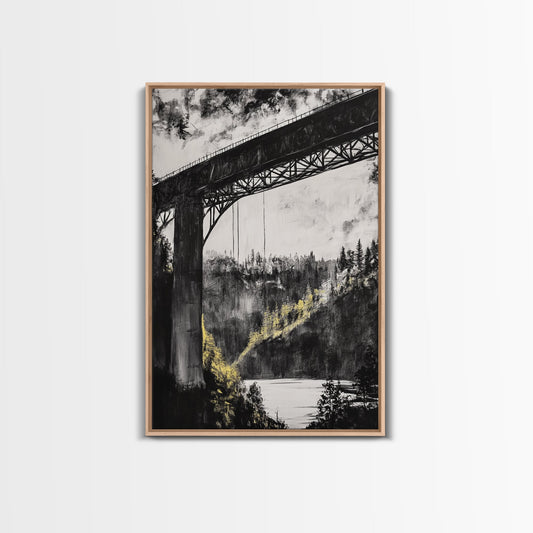 Steel Bridge, Industrial Wall Art, Black and White Landscape, Cityscape Art, Rustic Metal, Loft Style, Office Wall Art, Framed Canvas Print