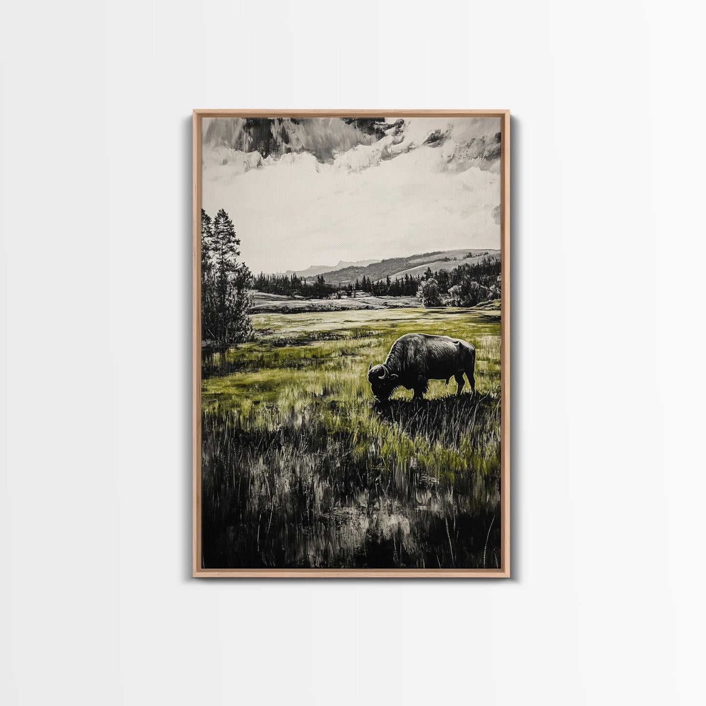 Grazing Bison, Wildlife Art, Rustic Home Decor, Nature Inspired, Western Landscape, Monochrome Art, Cabin Wall Art, Framed Canvas Print